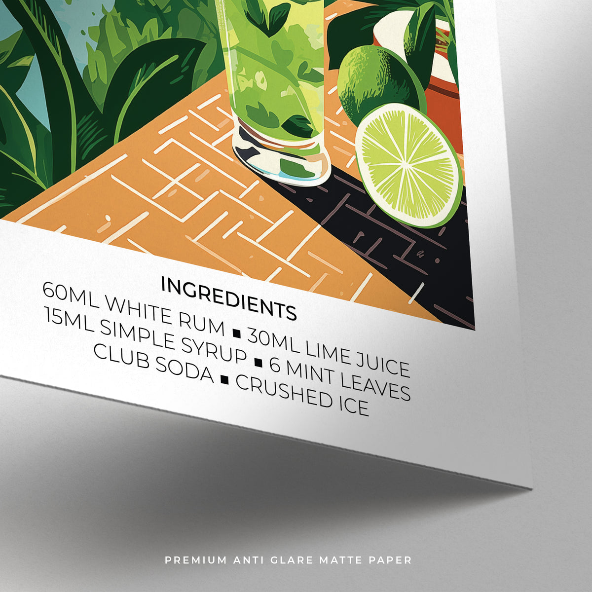 Detail close-up of Cocktail Print showing the mojito ingredients text and part of the illustration