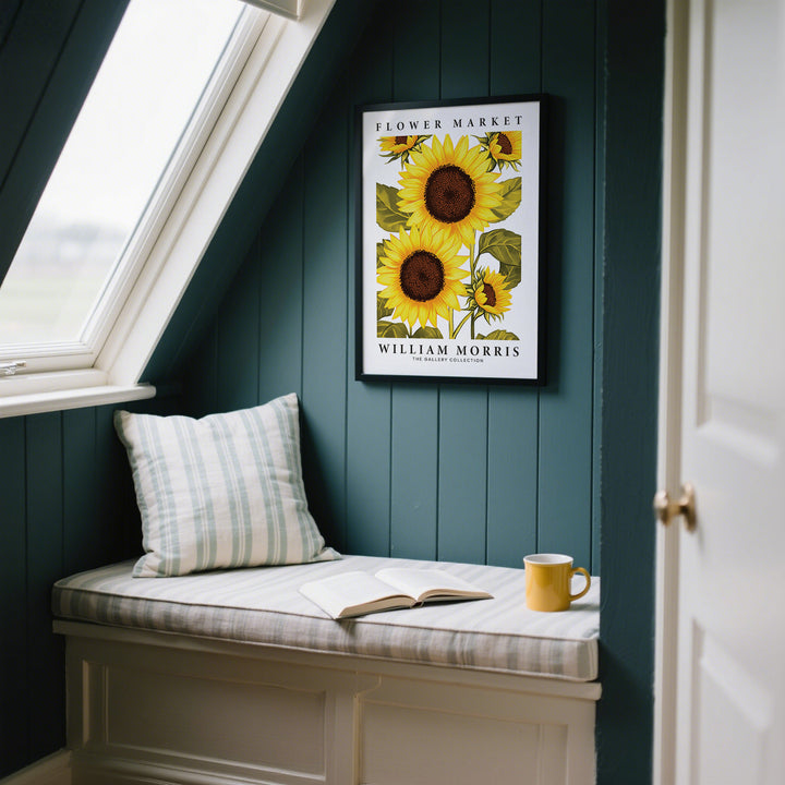 Sunflower wall art of yellow sunflowers in a black frame on a dark teal wall above a cushioned window seat