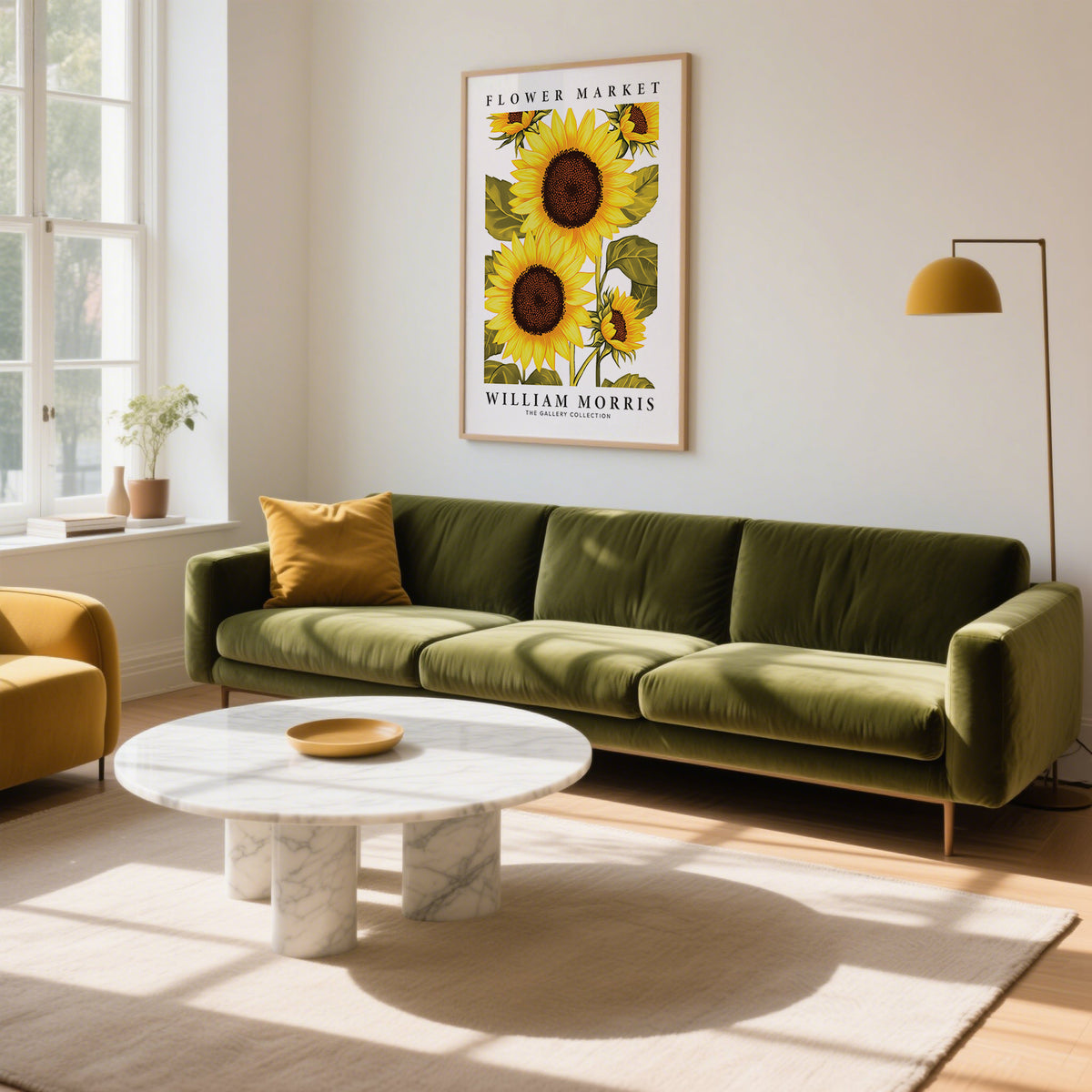Sunflower wall art illustration with yellow flowers above a green sofa in a bright living room