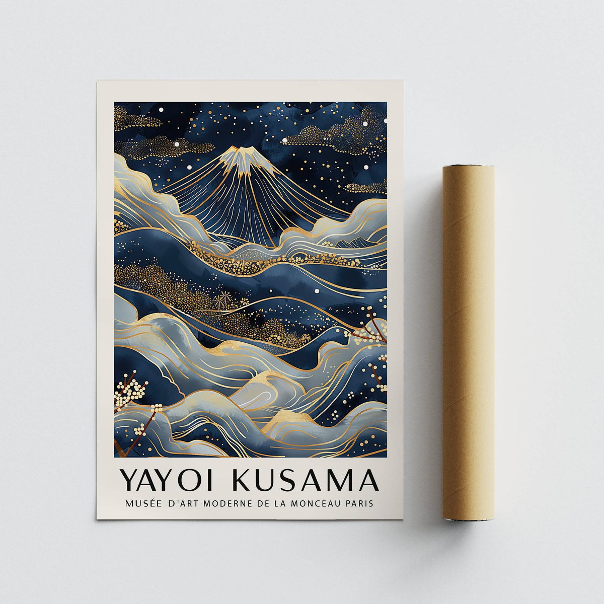 Posters from Japan of Mount Fuji with golden accents next to a brown packaging tube