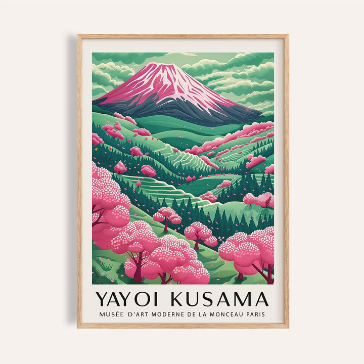 Mountain Landscape framed print close-up with pink cherry blossoms and green hills