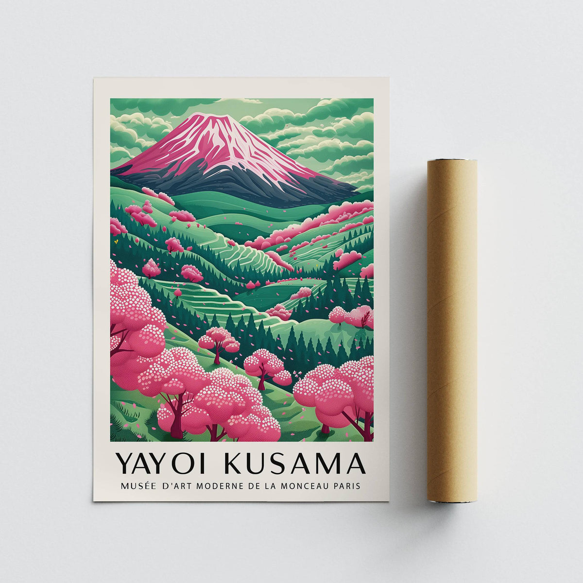 Mountain Landscape print lying beside a brown packaging tube showing pink cherry blossom trees and green hills