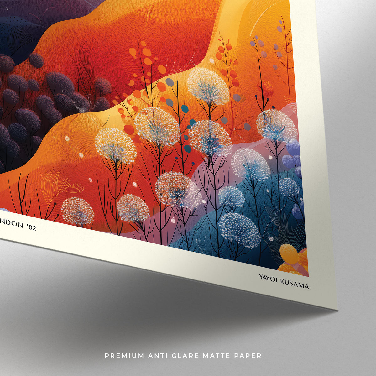 Art Print Square detail close-up of white dandelions against orange and blue hills