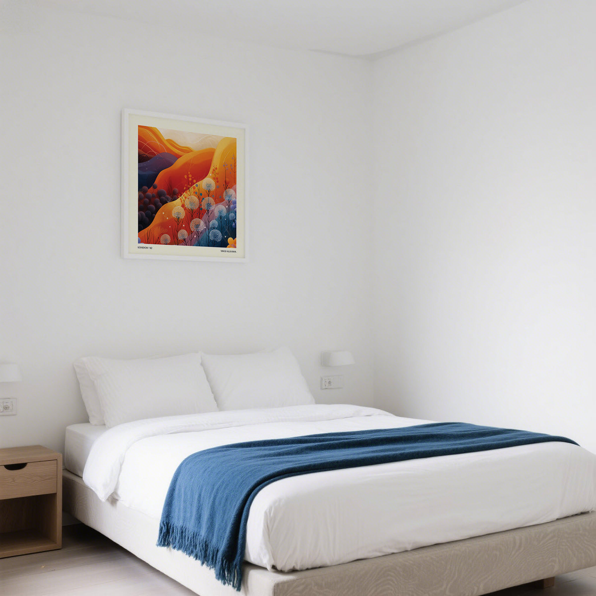 Art Print Square framed print of a colourful mountain landscape with dandelions above a bedside table
