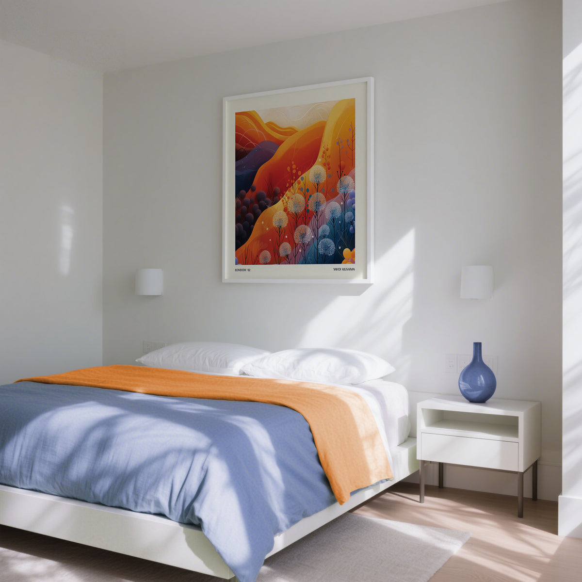 Art Print Square framed print of colourful mountain landscape with dandelions above a white bedside table and blue vase in a bedroom