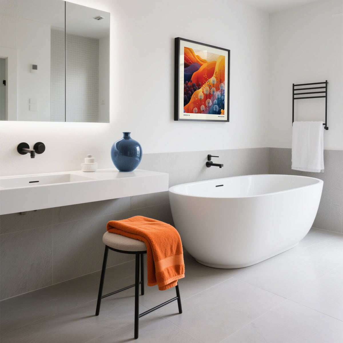 Art Print Square framed print of a colourful mountain landscape with dandelions in a modern bathroom with a blue vase