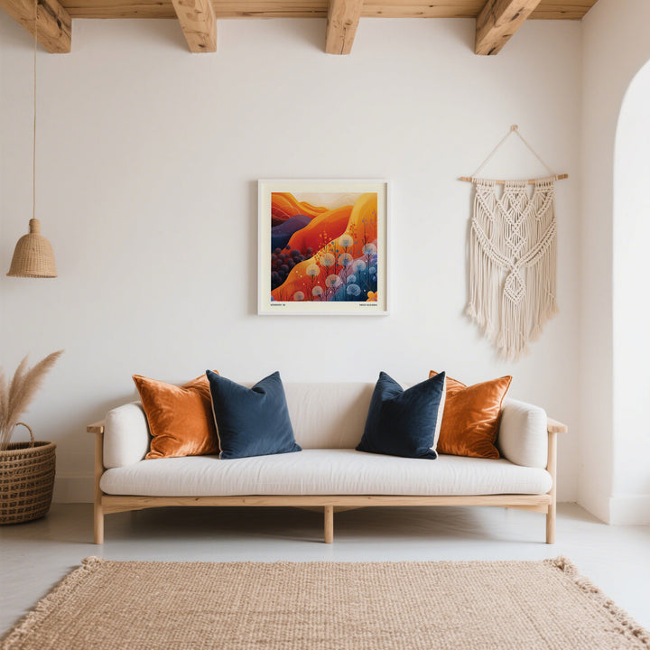 Art Print Square framed print of a mountain landscape with dandelions above a sofa with cushions