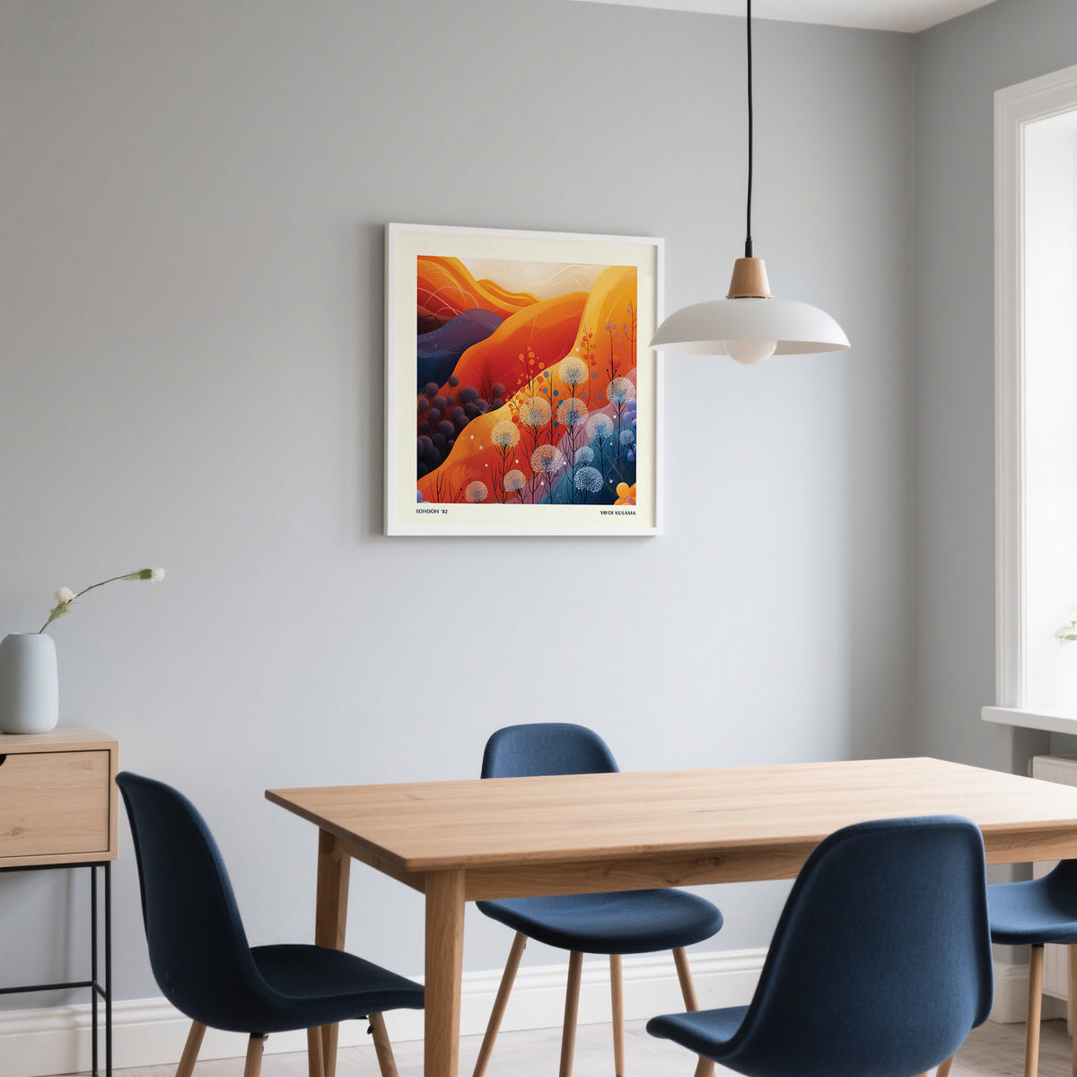 Art Print Square framed on a grey wall above a wooden table with blue chairs and pendant light
