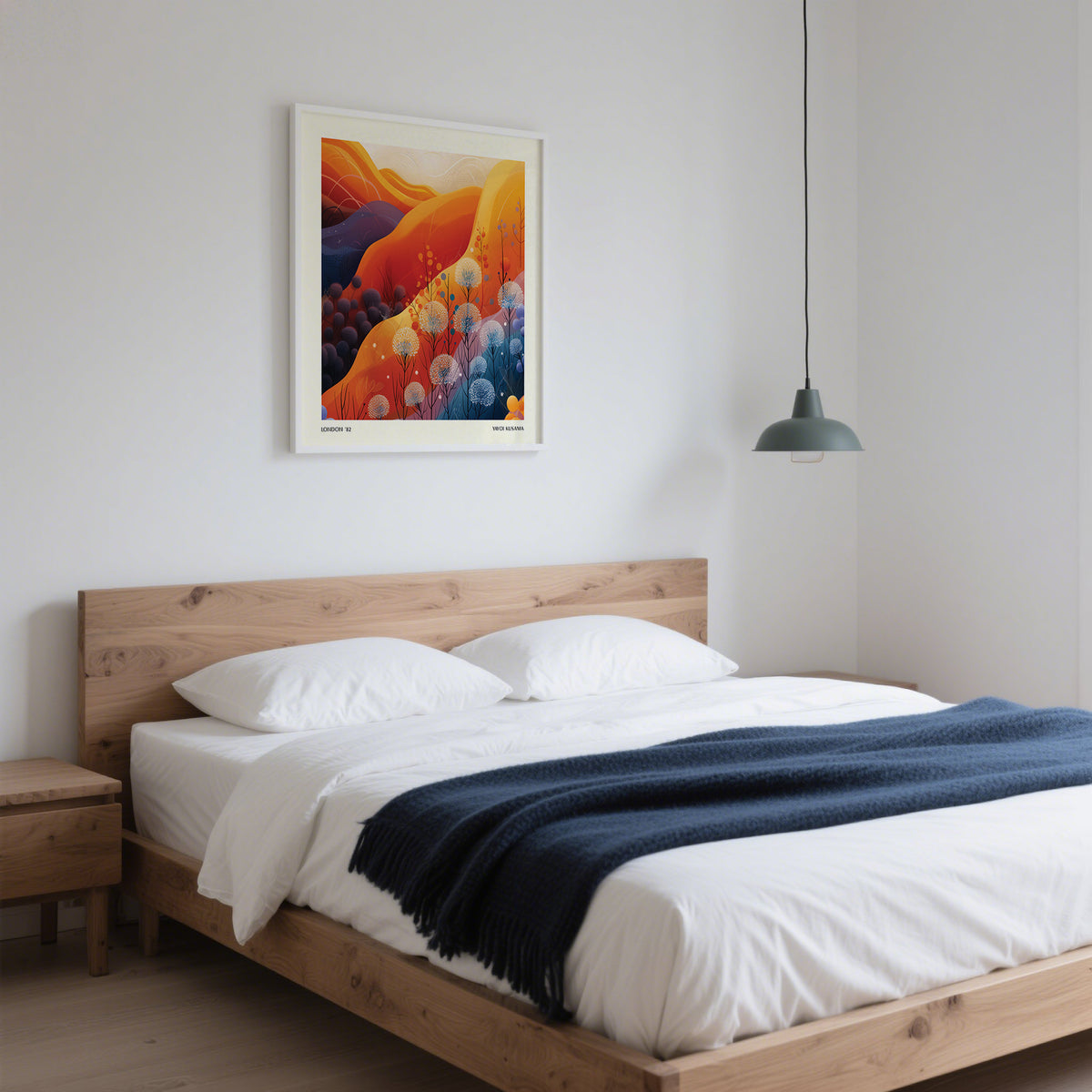 Art Print Square showing a mountain landscape with dandelions in warm orange and blue tones above a bed