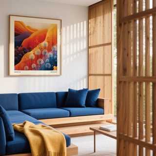 Art Print Square framed print of a mountain landscape with dandelions in orange and blue on a living room wall above a navy blue sofa