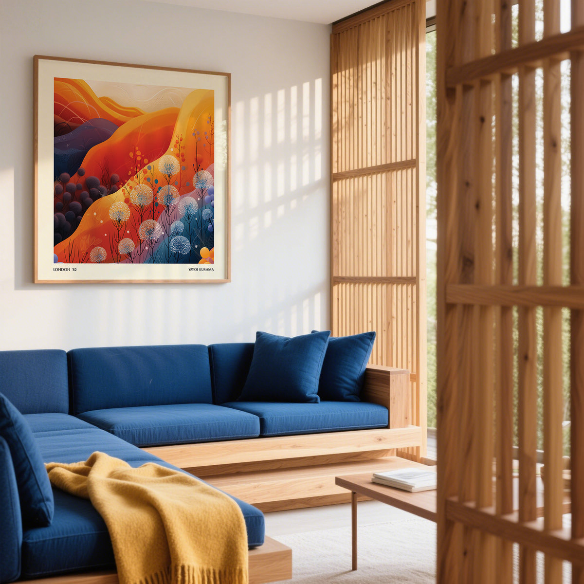 Art Print Square framed print of a mountain landscape with dandelions in orange and blue on a living room wall above a navy blue sofa