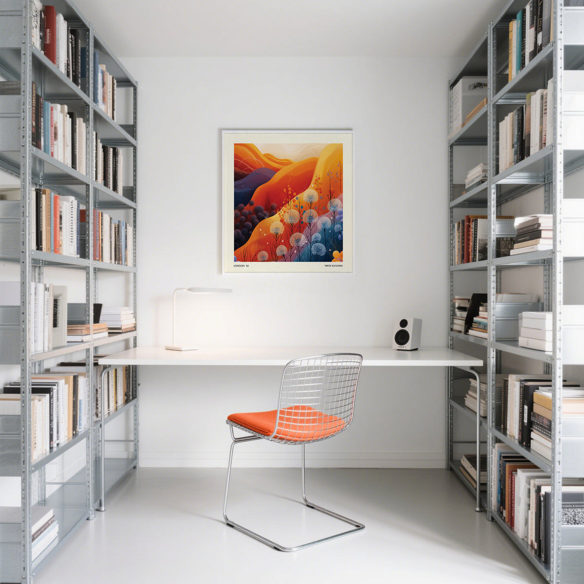 Art Print Square framed print of contemporary mountain landscape with dandelions in a white study with an orange seat