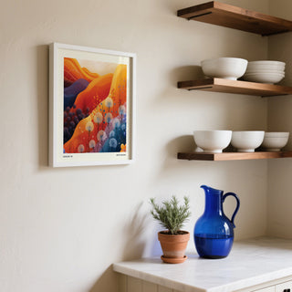 Art Print Square framed print of a mountain landscape with dandelions in warm tones in a kitchen