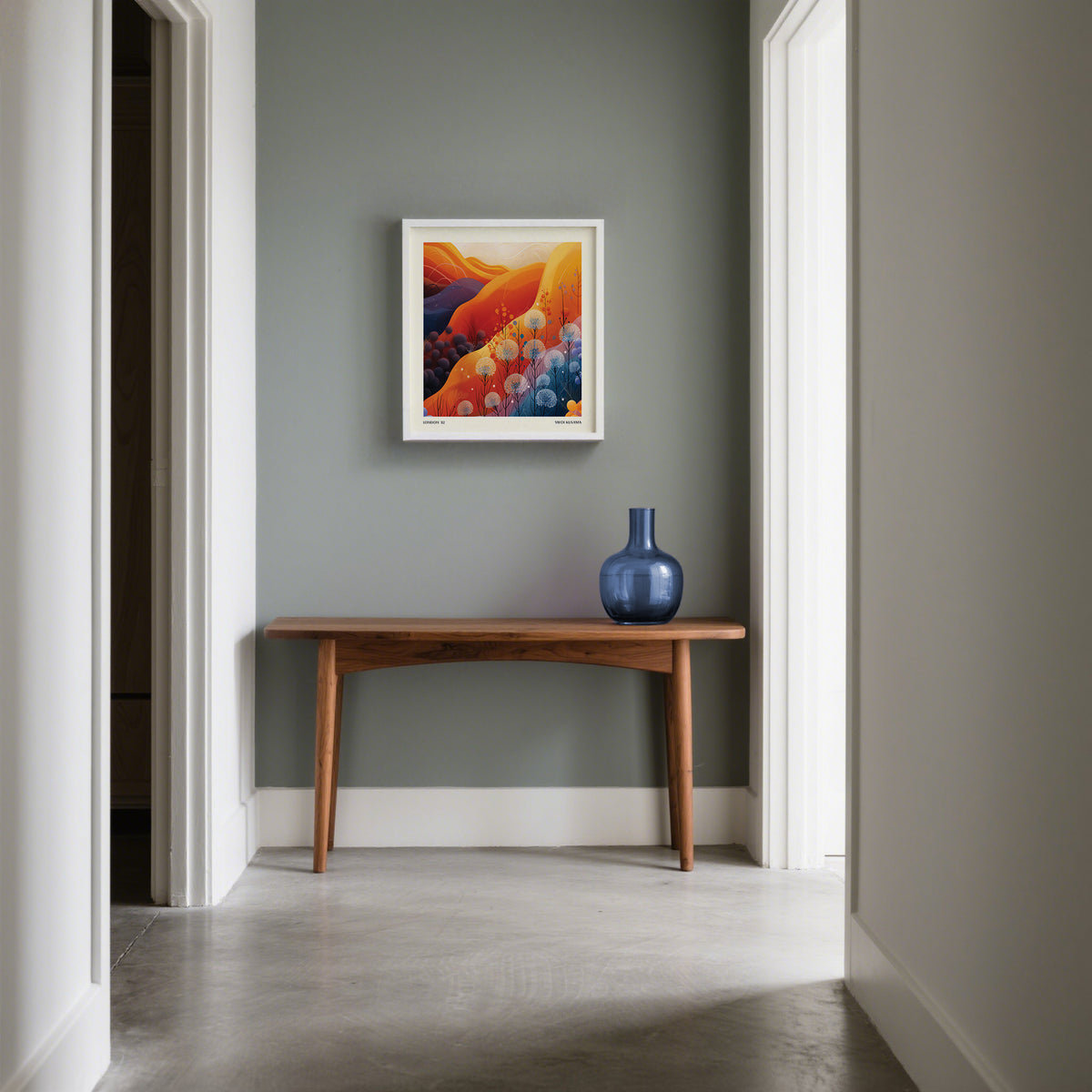 Art Print Square framed print of a colourful mountain landscape with dandelions above a wooden table with a blue vase