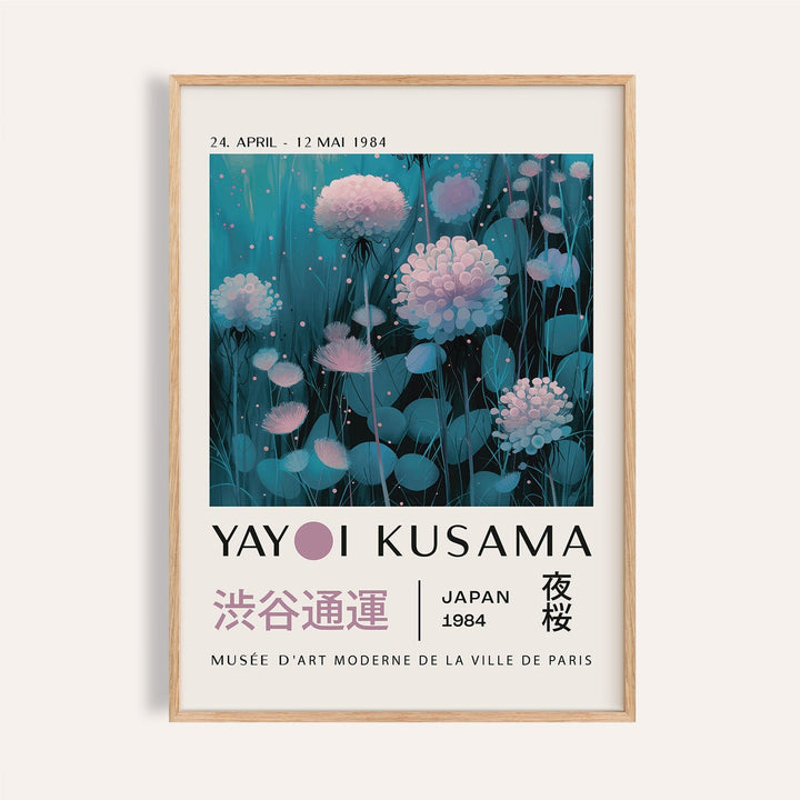 Framed print of blue and purple abstract art with pink flowers and text details