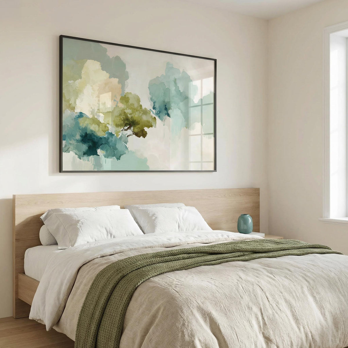 Abstract Tree Art Print above a wooden bed with white bedding and a green throw in a light bedroom