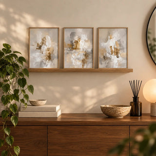 Neutral dining room wall art in abstract minimalist style with beige and brown tones above sideboard