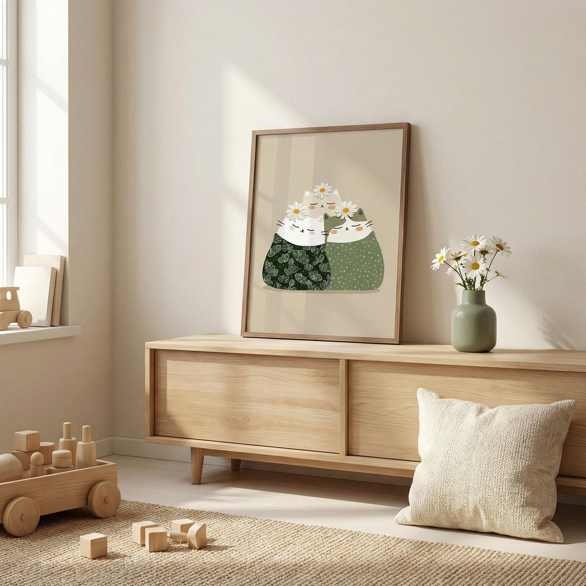 Print leaning on a sideboard of three cats with daisies in green and beige tones with a green vase nearby