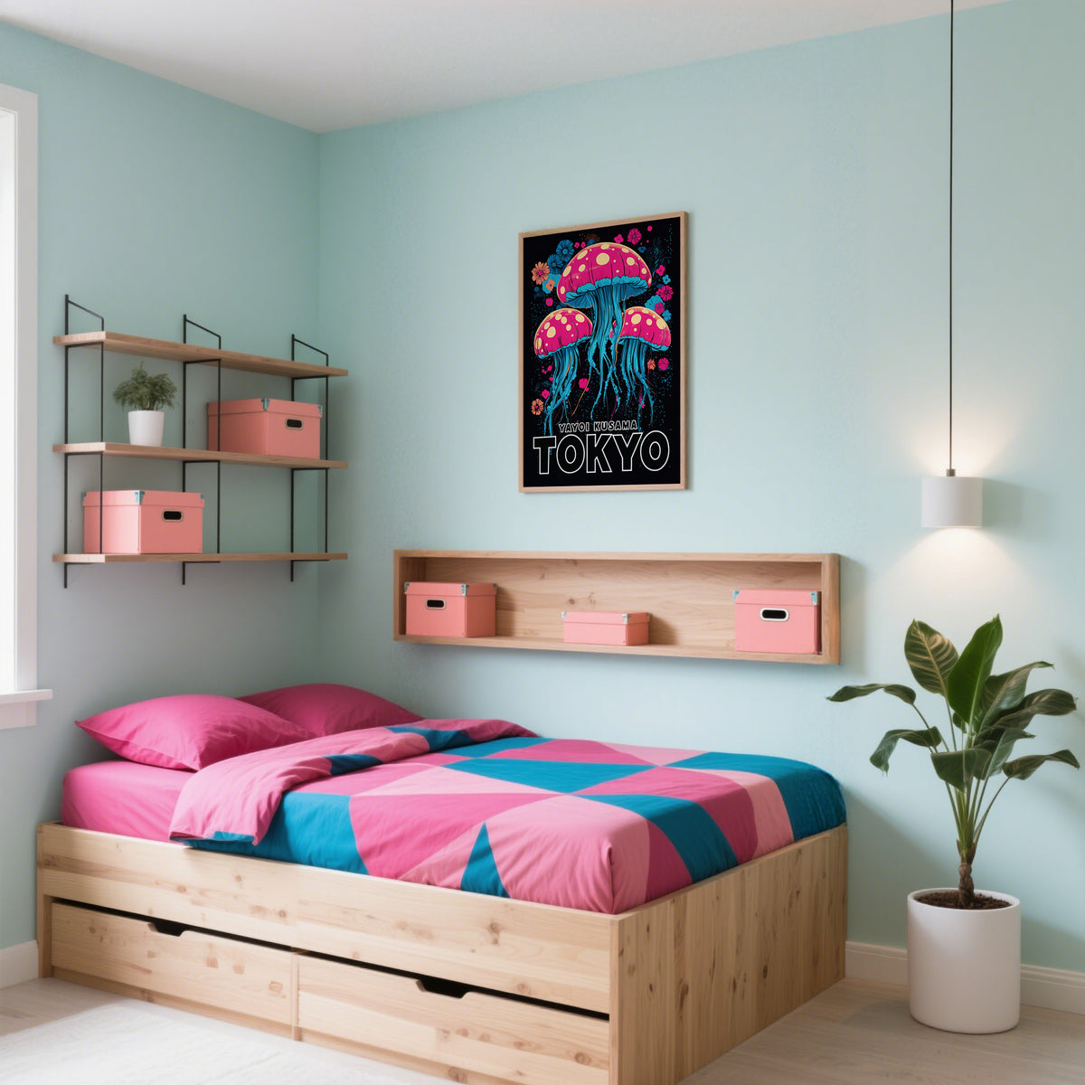 Wall Art for Kids Room with psychedelic jellyfish in pink and blue above a wooden bed with patterned bedding