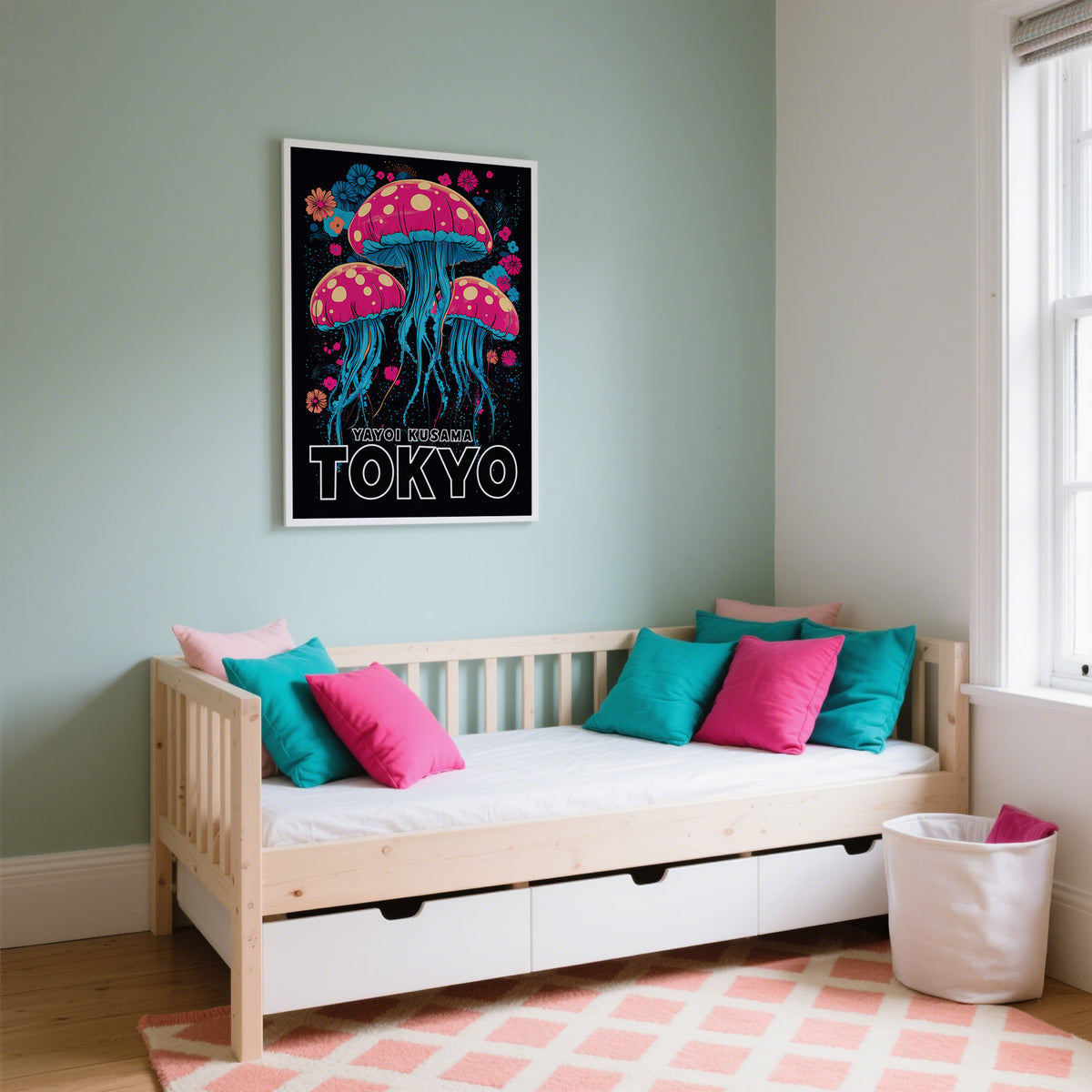 Wall Art for Kids Room psychedelic jellyfish print in pink and blue above a daybed with colourful cushions