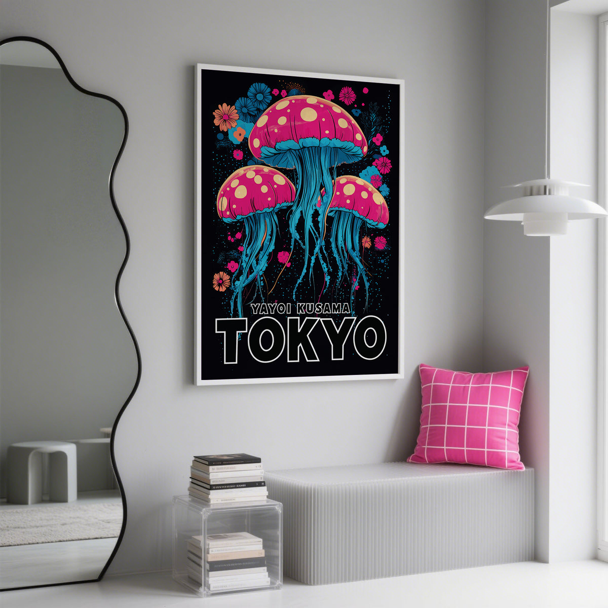 Wall Art for Kids Room framed psychedelic jellyfish print in bright pink and blue above a grey bench with a pink cushion