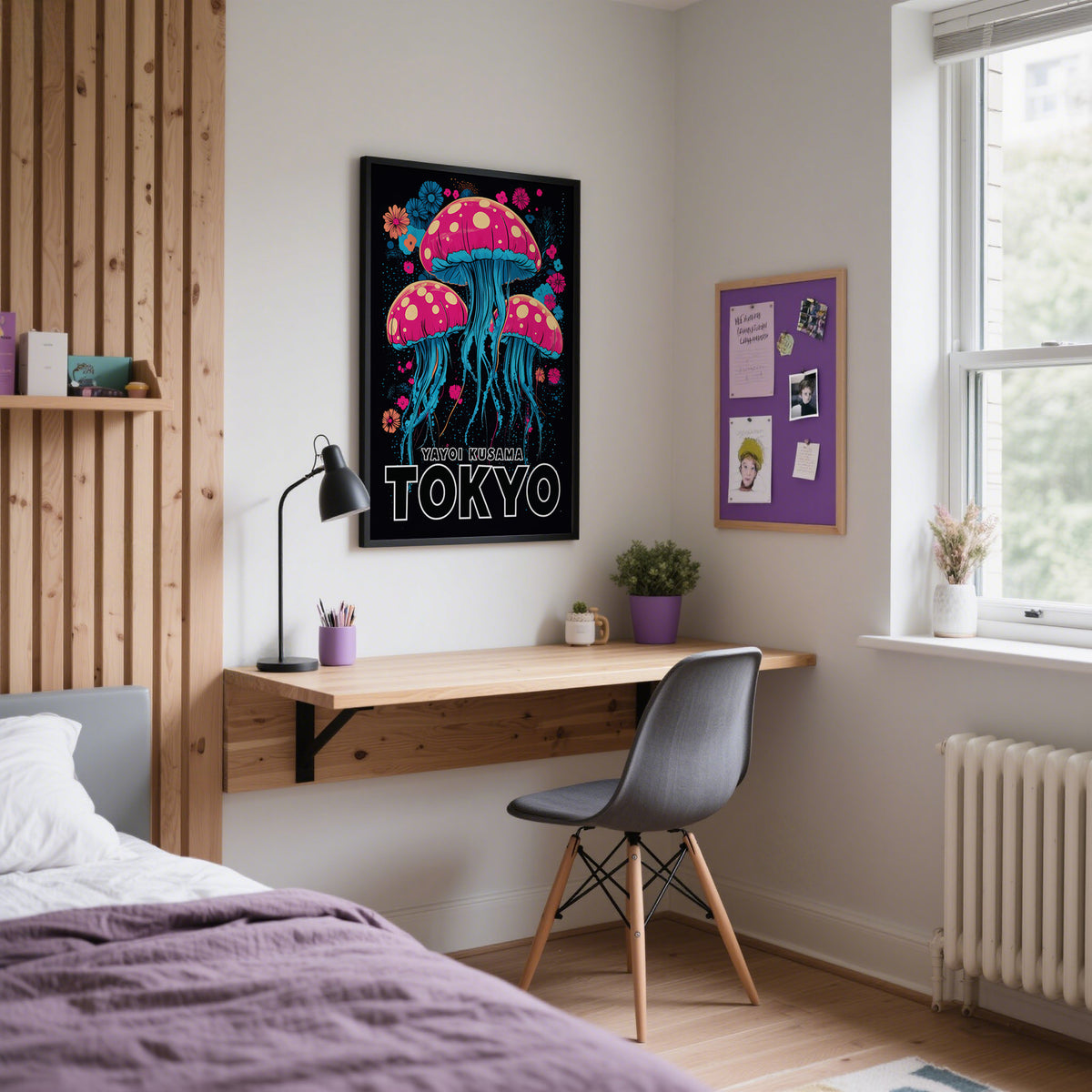 Wall Art for Kids Room featuring psychedelic jellyfish in bright pink and blue above a desk