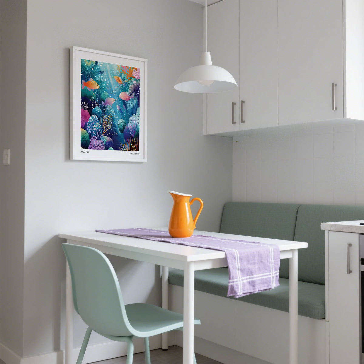 Coral Reef wall art with colourful fish and coral in a white frame above a white dining table with an orange jug