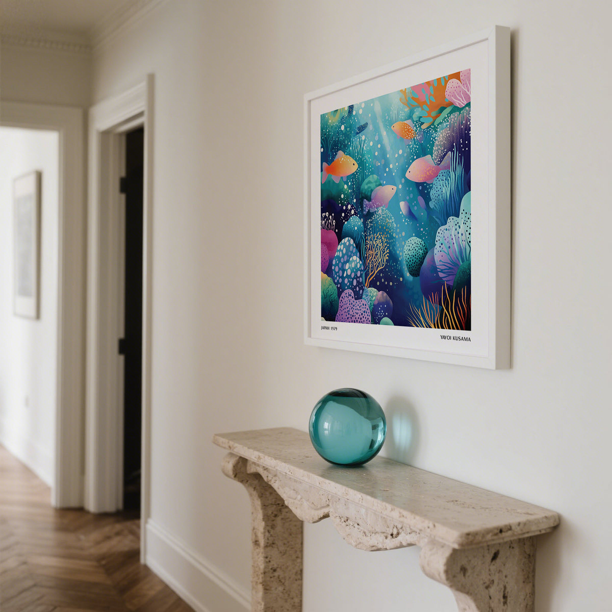 Coral Reef wall art with colourful fish underwater above a stone shelf with a glass orb