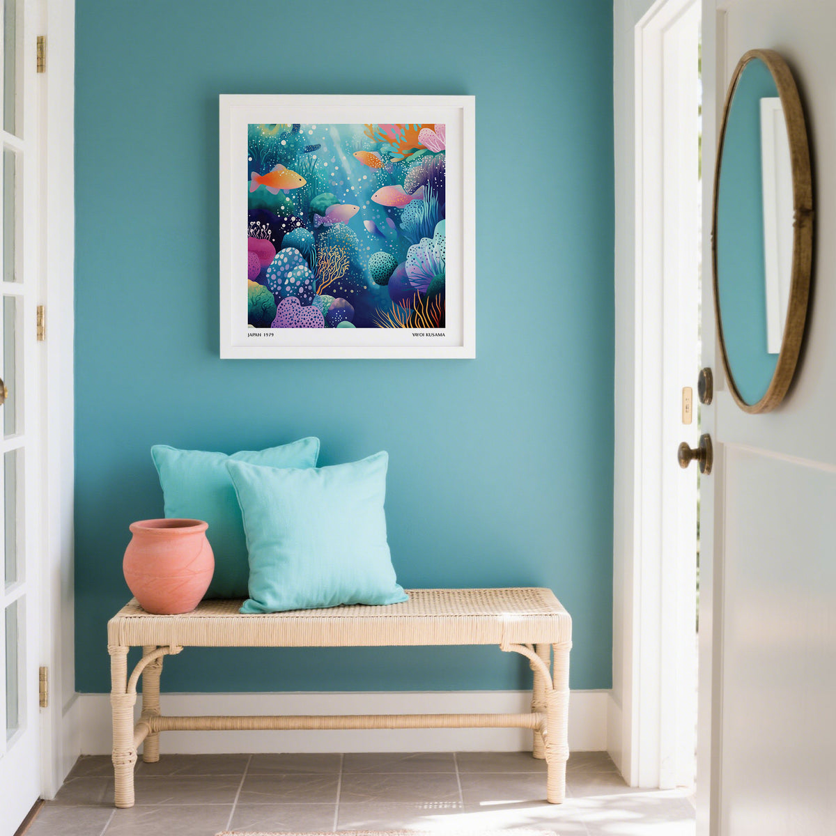 Coral Reef wall art of colourful fish and corals on a teal wall above a bench with cushions and a pot