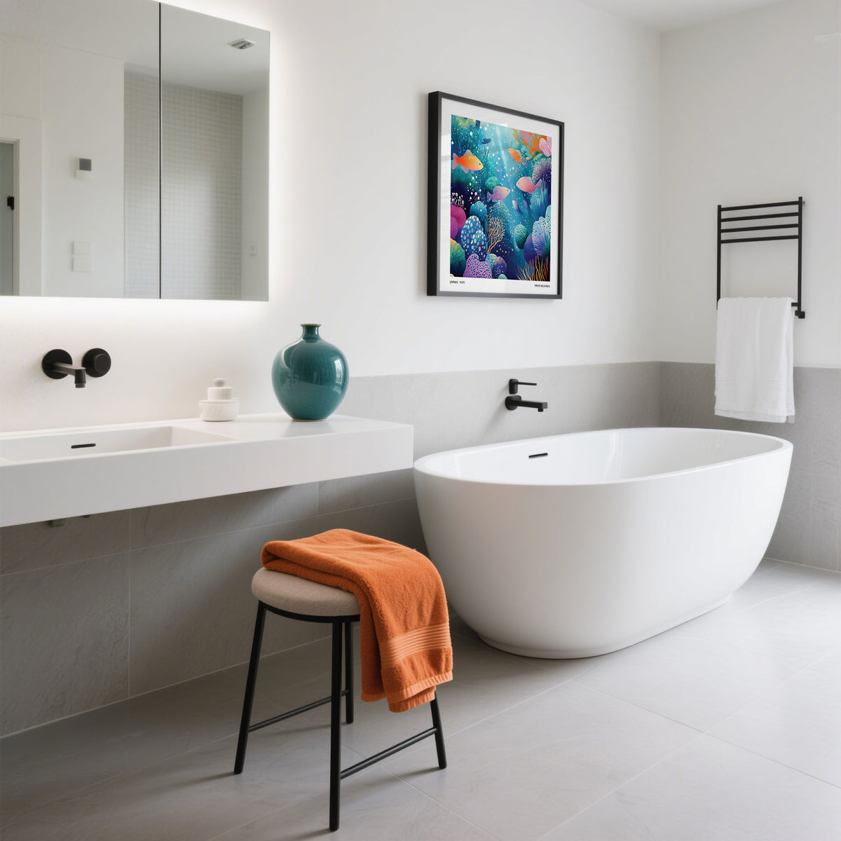 Coral Reef wall art with colourful fish in a contemporary bathroom with a stool and orange towel