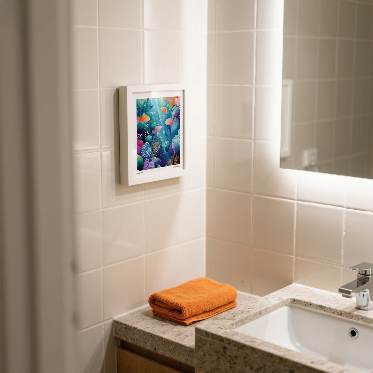 Coral Reef wall art with colorful fish and underwater plants in a tiled bathroom above a countertop with an orange towel