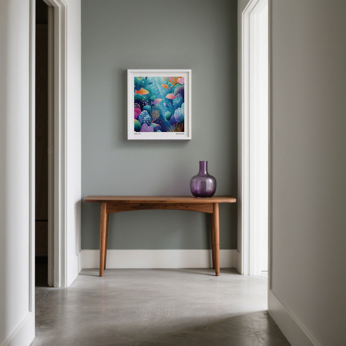Coral Reef wall art of colourful fish underwater with coral on a grey hallway wall above a wooden console