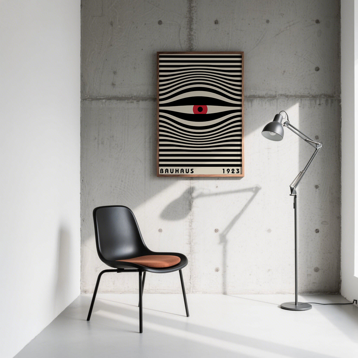 Abstract trippy wall art with swirling black lines and a red eye for a modern office
