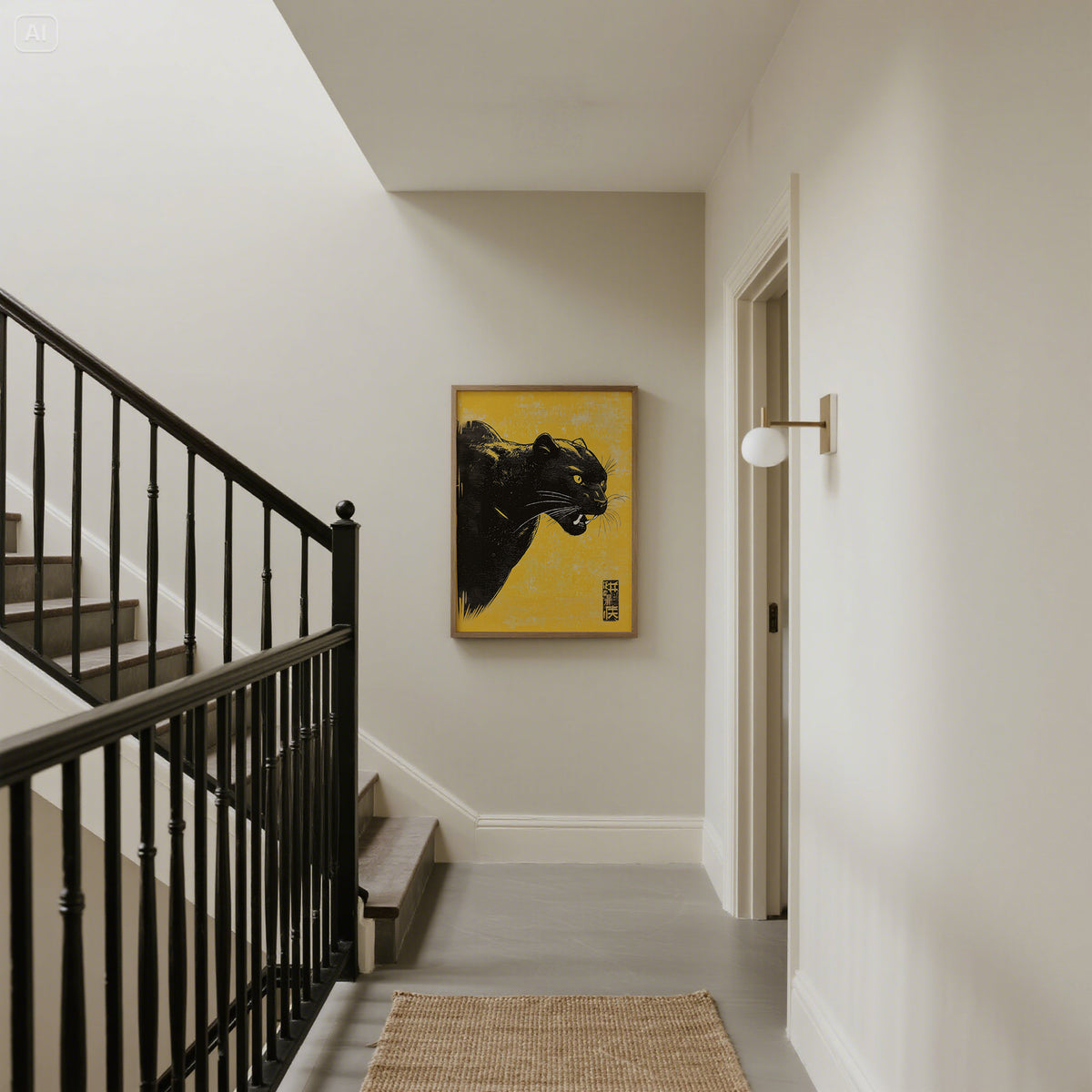 Panther wall art of a black panther head on yellow background on a hall wall by stairs with black railings