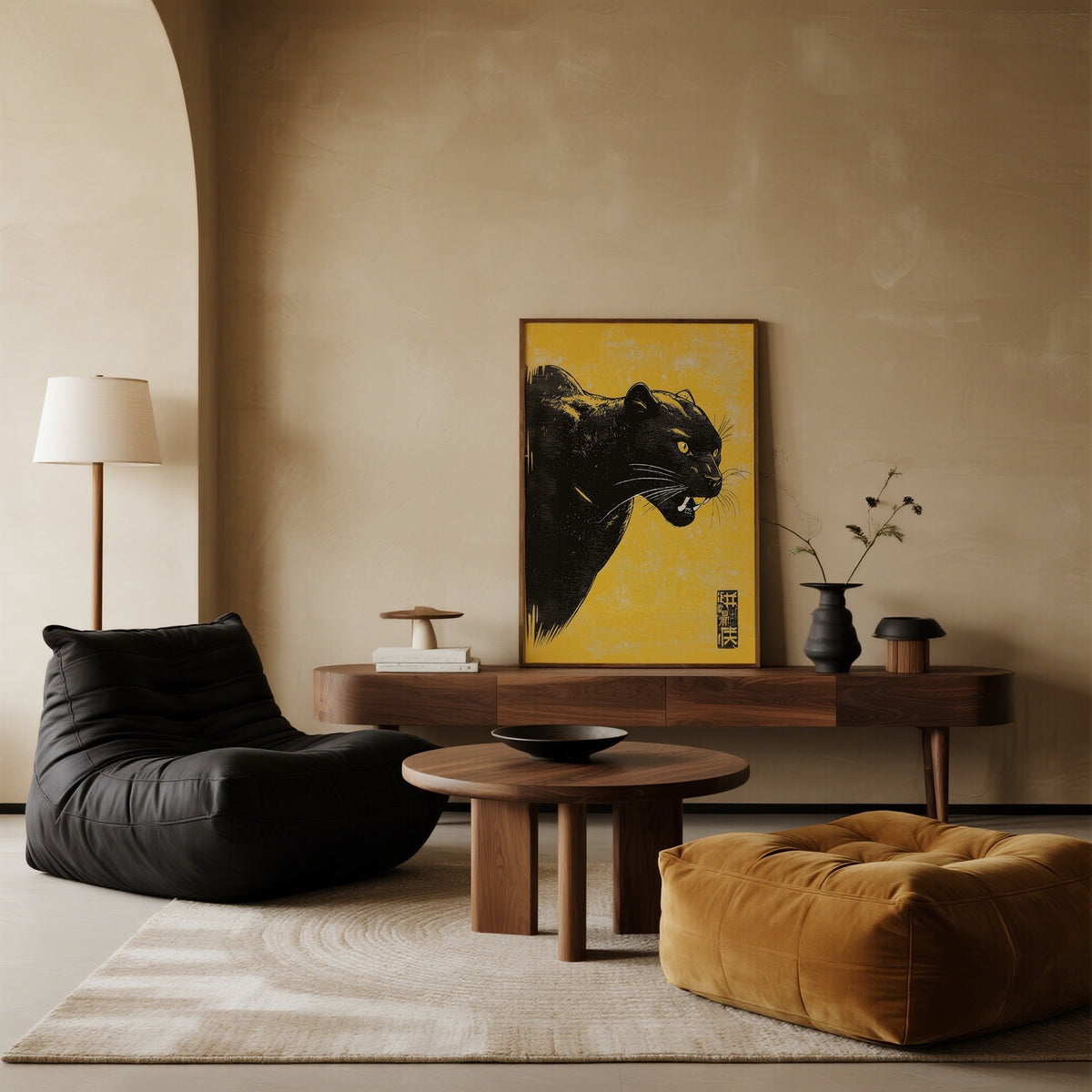 Panther wall art of a black panther head in yellow and black on a wooden sideboard with vases