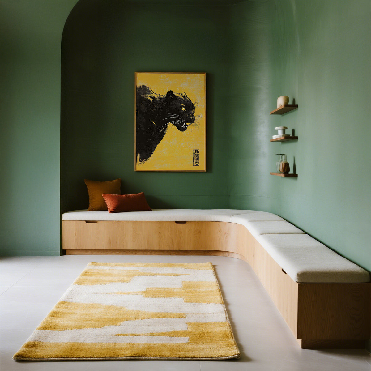 Panther wall art with a black panther head on a yellow background in a green room with wooden bench and shelves