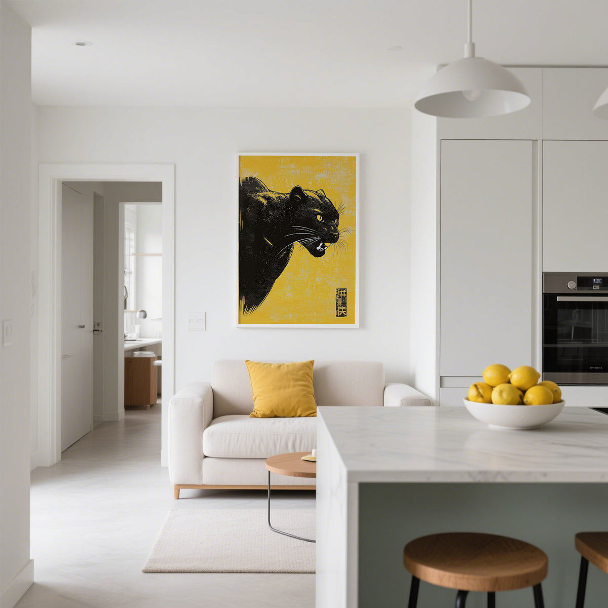 Panther wall art with a bold black panther head on a yellow background above a sofa in a white living room