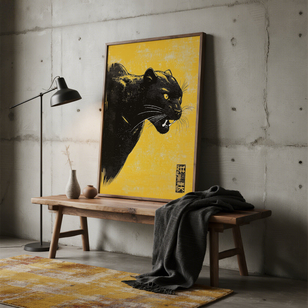 Print leaning on a bench of a black panther head illustration with yellow background and minimalist style with a floor lamp nearby