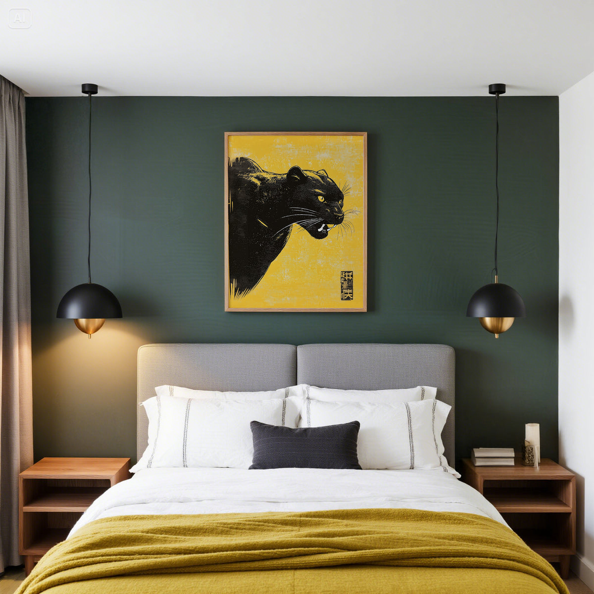 Panther wall art with black panther head on yellow background above bed with yellow throw