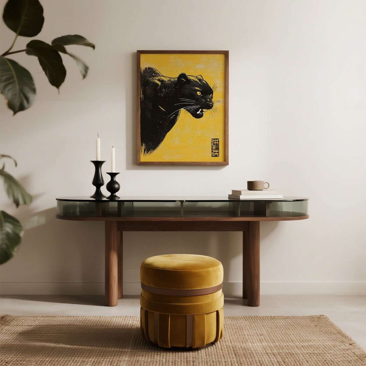 Panther wall art with a black panther head on a yellow background above a desk with candles and a plant