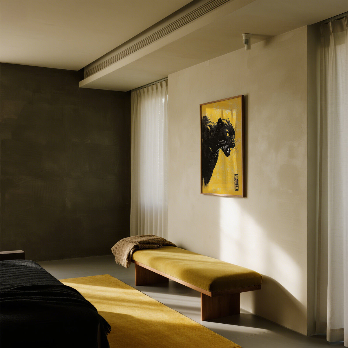 Panther wall art in minimalist style with black and yellow colours in a softly lit bedroom above a yellow bench