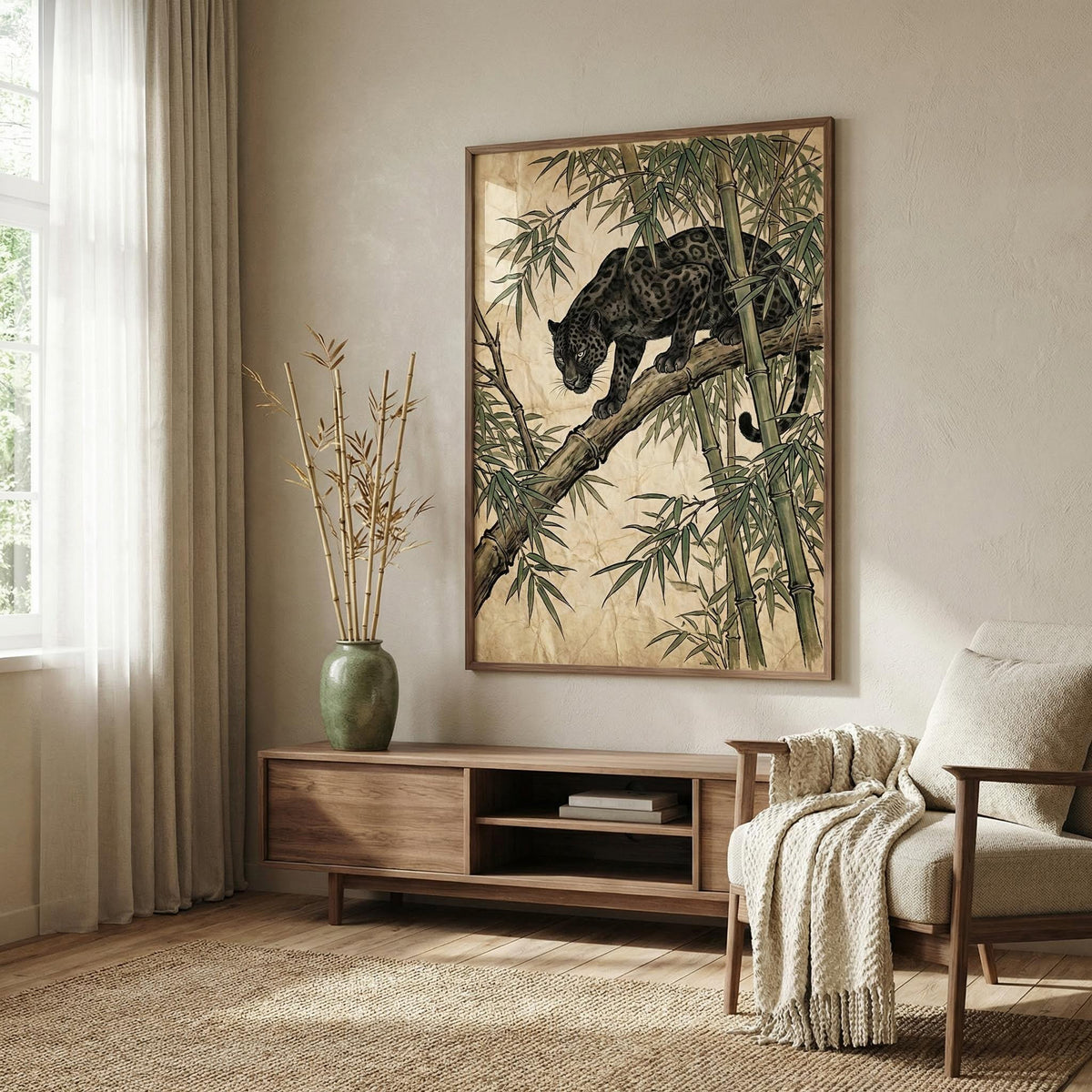 Black Panther wall art of a black panther among green bamboo in a neutral-toned living room with a vase on a wooden cabinet