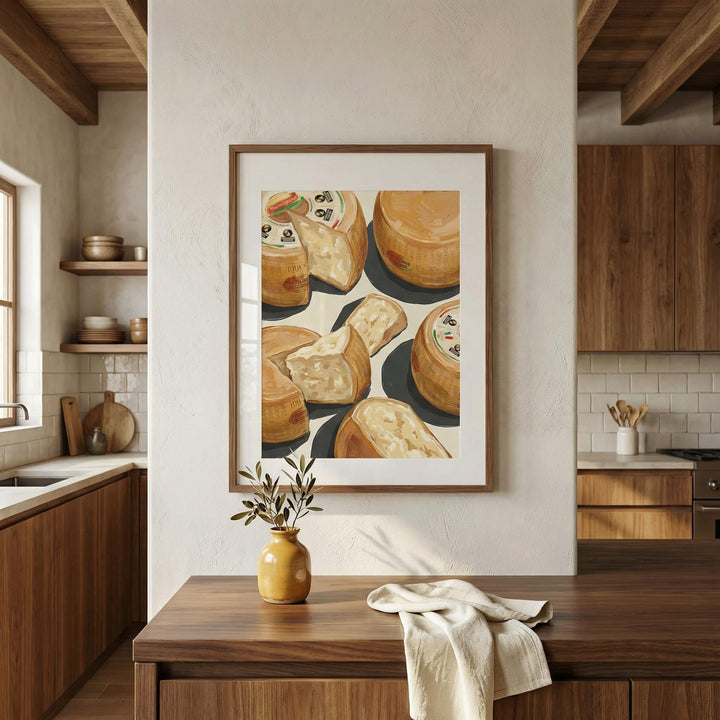 Parmegiano Reggiano Art print with illustrated cheese wheels in natural colours in a kitchen with wooden cabinets