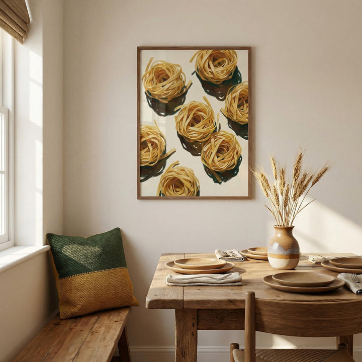 Print on a wall with fettuccine nests in yellow and brown above a dining table with wooden plates