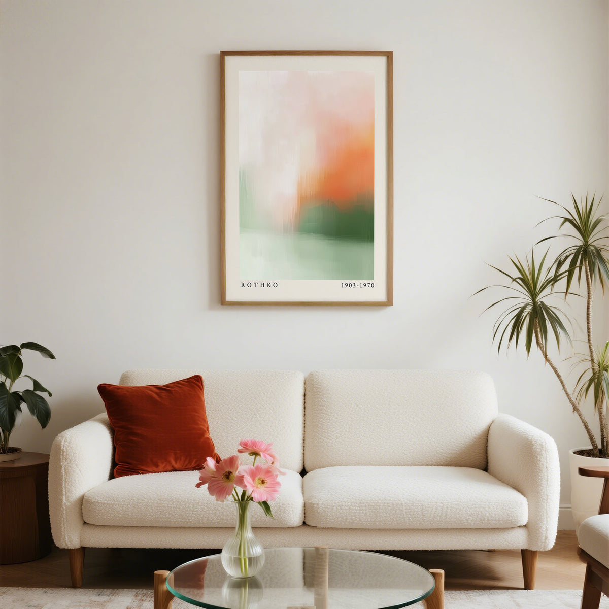 Calming wall art with abstract peach and green fields above a cream sofa with terracotta cushion