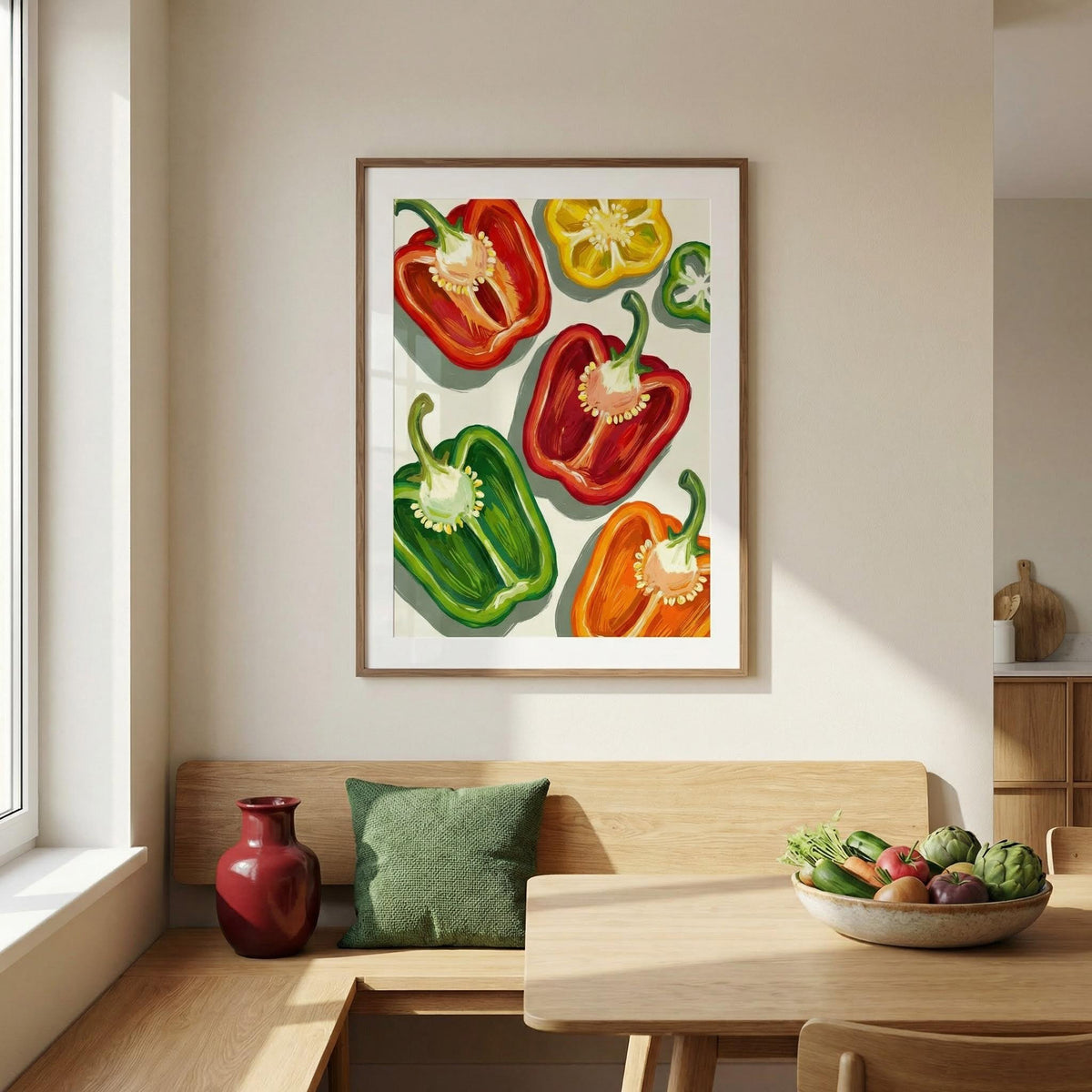 Bell Pepper Art print of colourful halved peppers above a wooden dining bench with green cushion
