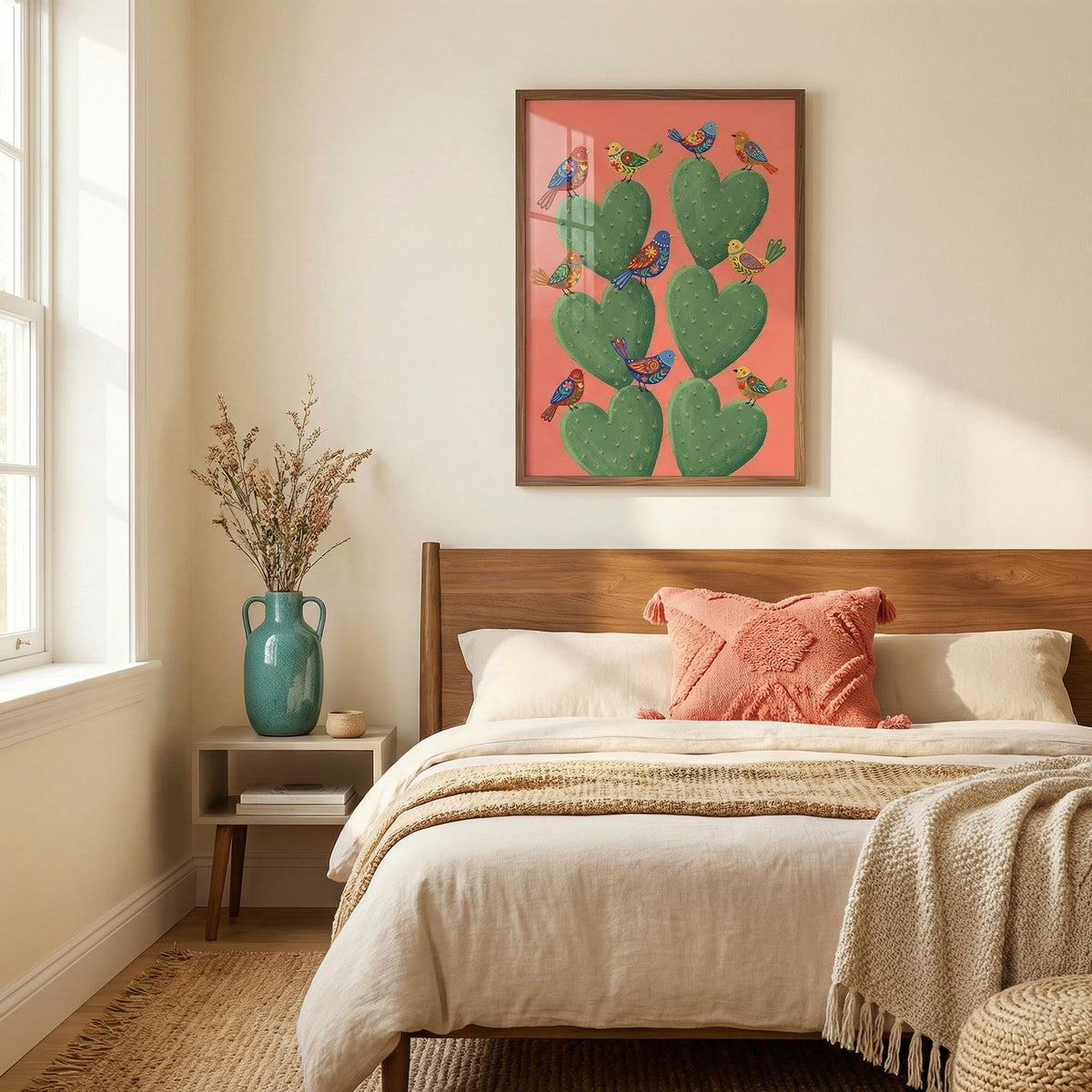 Print on a wall of heart-shaped cactus with colourful birds above a bed with a coral cushion