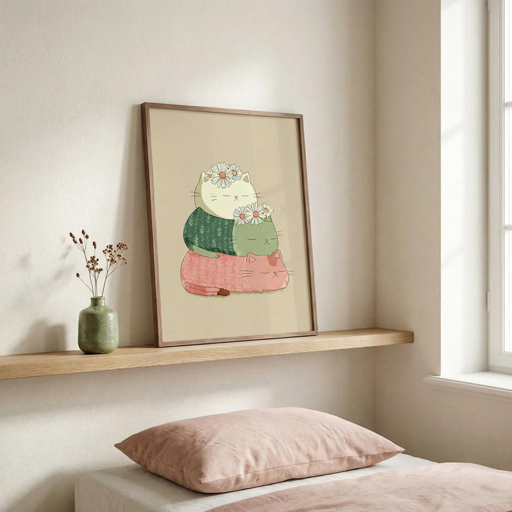 Cute cat art print leaning on a shelf with three stacked cats and daisies next to a green vase