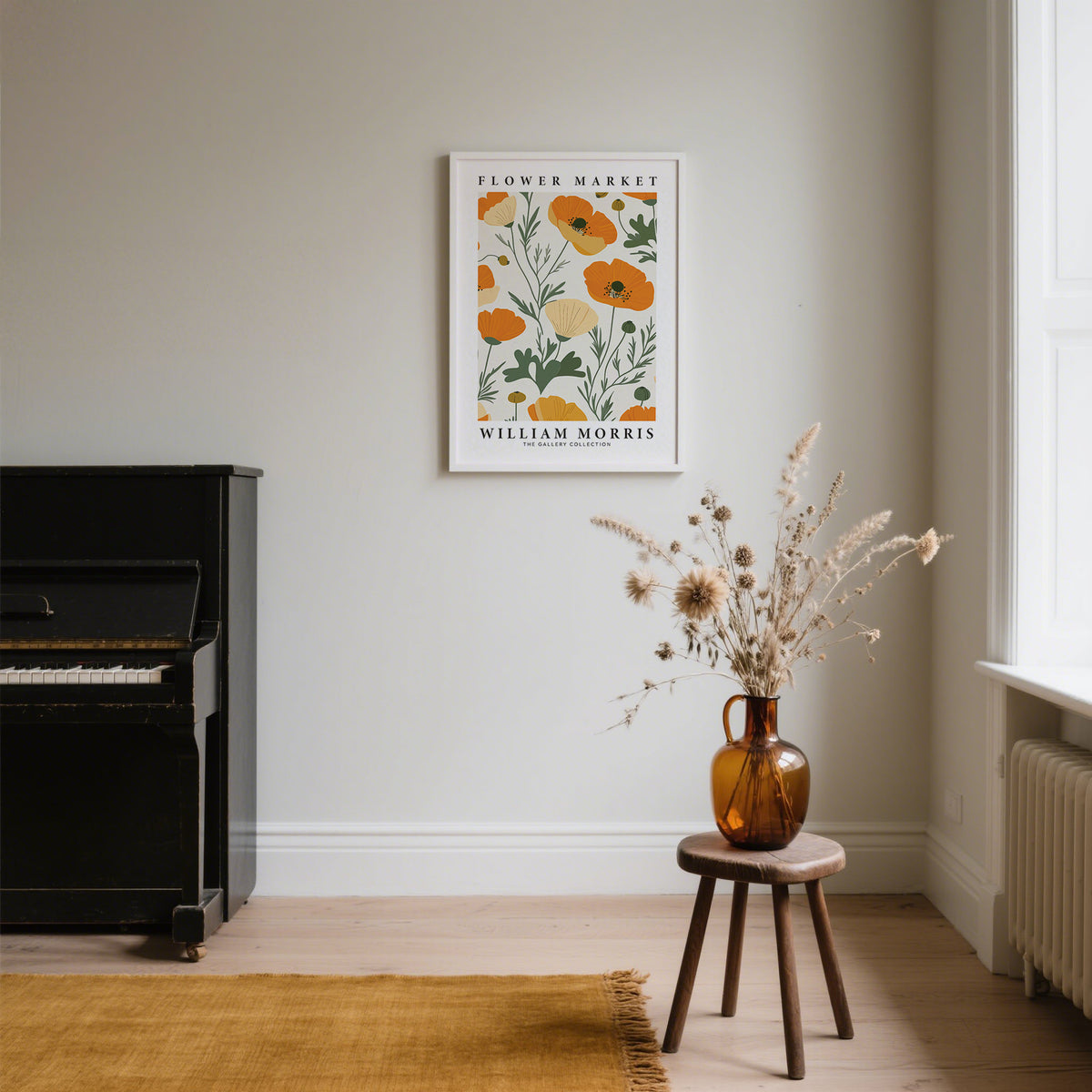 Wall Art Poppies minimalist botanical illustration of orange poppy flowers above a black piano in a neutral room