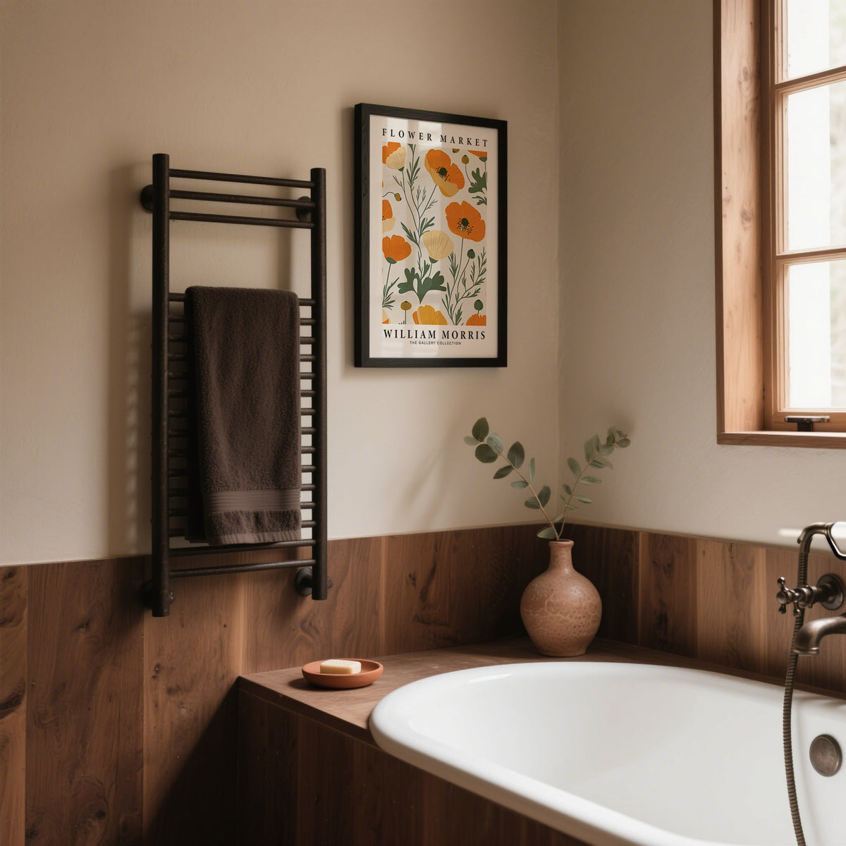 Wall Art Poppies minimalist orange poppy flowers framed above bathtub with terracotta vase